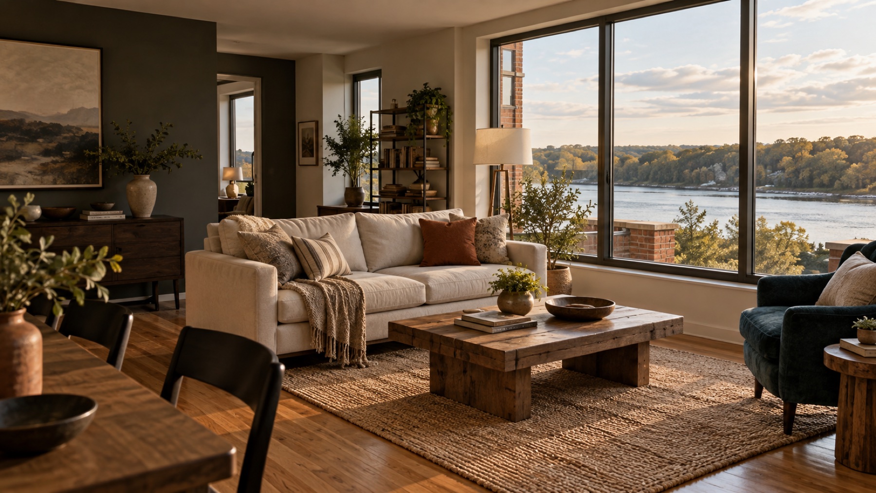 Illustrative condo living room overlooking a wooded river