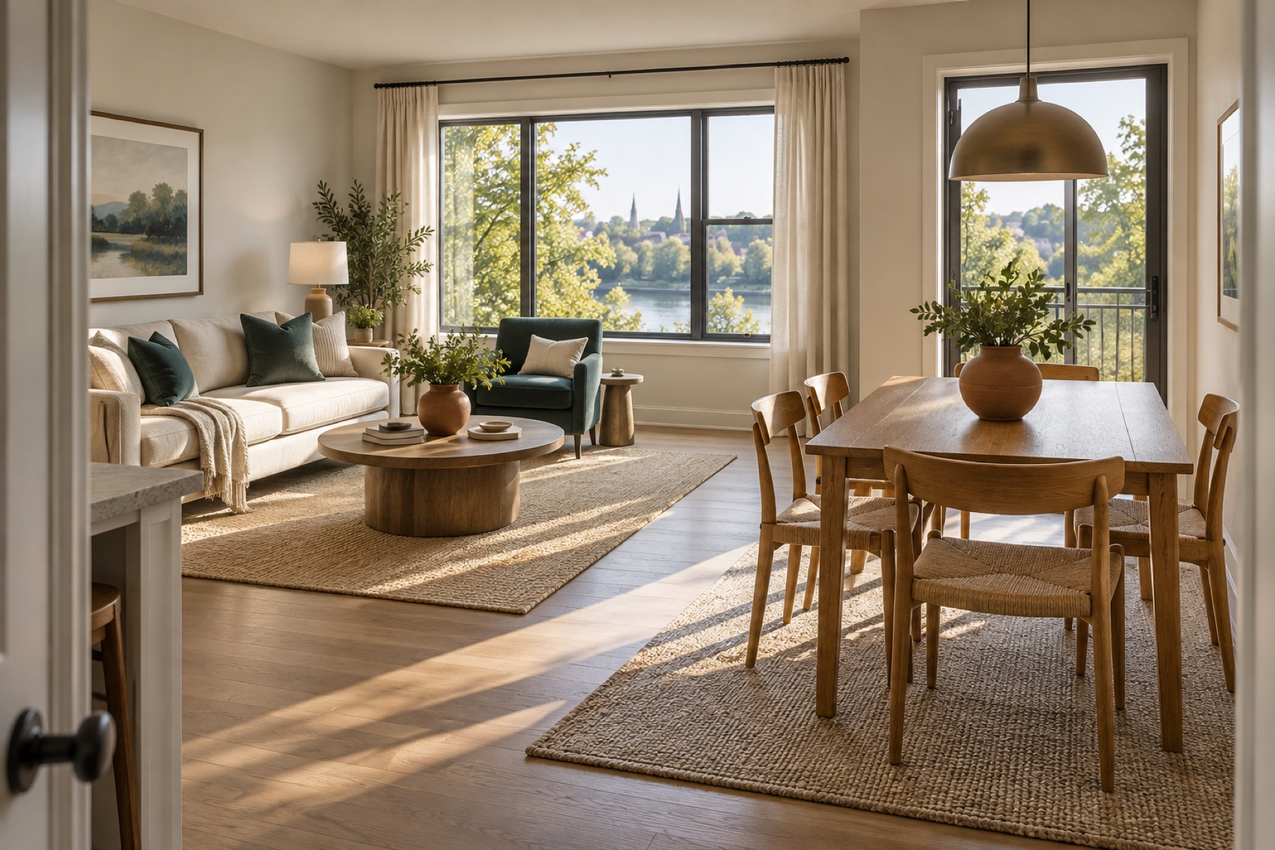Illustrative staged condo living and dining room